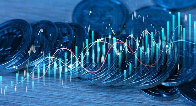 Stack of coins and chart with increasing indicators, high income in business, price growth