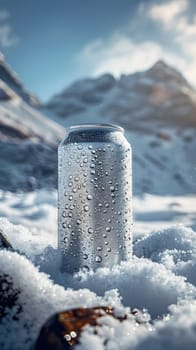 A can of beer sits in the freezing snow, with towering mountains in the background creating a picturesque geological phenomenon in the landscape