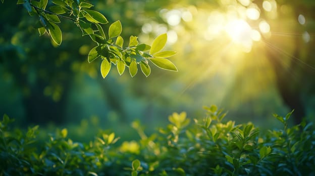 A serene dawn breaks as warm sunlight filters through the vibrant green leaves of a lush garden, heralding a new day - springtime background - Generative AI