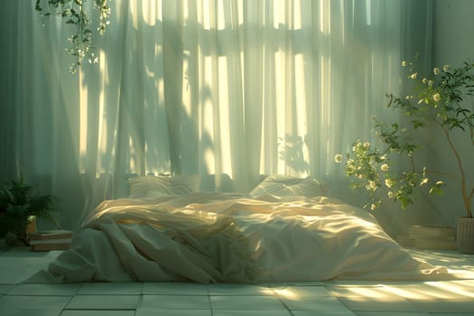 A comfortable bed in a room with a window showcasing sunlight streaming in, curtains made of textile, a painting on the wall, and a terrestrial plant adding a touch of nature to the interior design