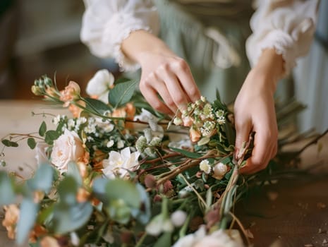 Florist woman creating flower arrangement, florist hands making flower bouquet on table surface. Ai generated