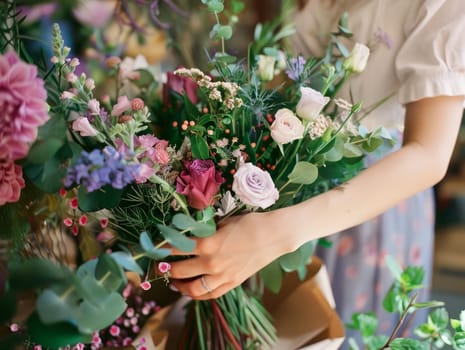 Florist woman creating flower arrangement, florist hands making flower bouquet on table surface. Ai generated