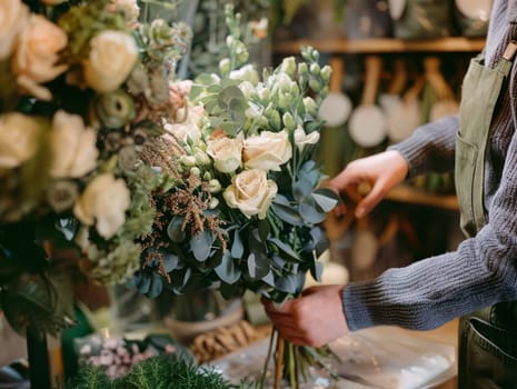 Florist woman creating flower arrangement, florist hands making flower bouquet on table surface. Ai generated