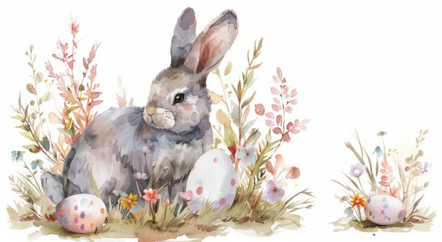 Cute Bunny and Easter Eggs in Floral Meadow Watercolor Illustration. Easter Artistic Decorative Background. Invitation and Greeting Card Template. Ai generated