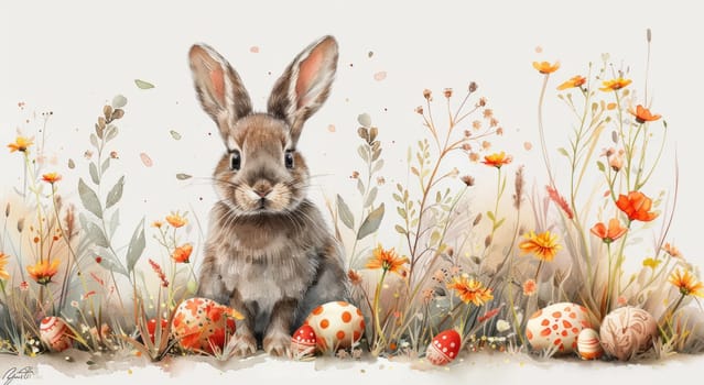 Cute Bunny and Easter Eggs in Floral Meadow Watercolor Illustration. Easter Artistic Decorative Background. Invitation and Greeting Card Template. Ai generated