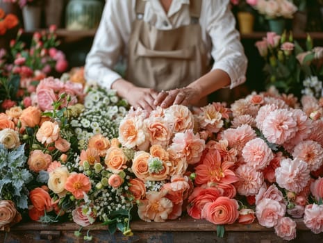 Florist woman creating flower arrangement, florist hands making flower bouquet on table surface. Ai generated