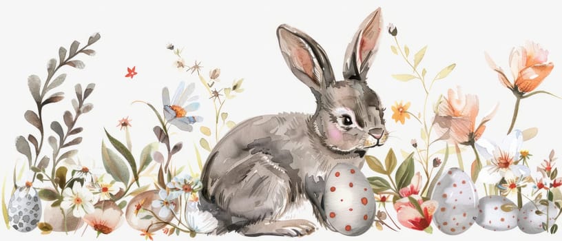 Cute Bunny and Easter Eggs in Floral Meadow Watercolor Illustration. Easter Artistic Decorative Background. Invitation and Greeting Card Template. Ai generated