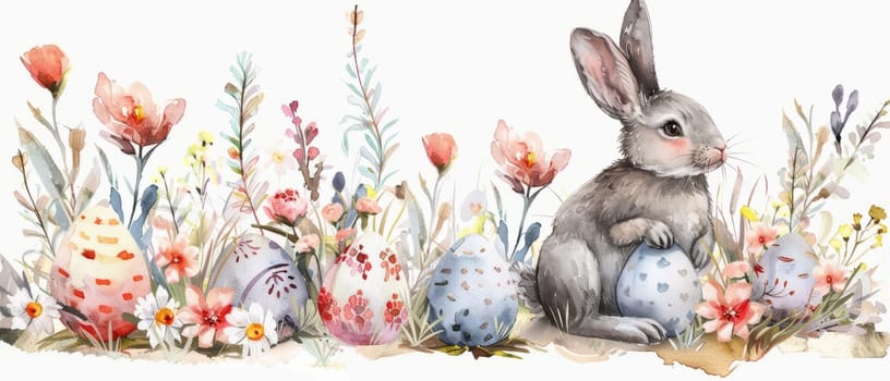 Cute Bunny and Easter Eggs in Floral Meadow Watercolor Illustration. Easter Artistic Decorative Background. Invitation and Greeting Card Template. Ai generated