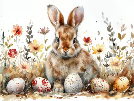 Cute Bunny and Easter Eggs in Floral Meadow Watercolor Illustration. Easter Artistic Decorative Background. Invitation and Greeting Card Template. Ai generated