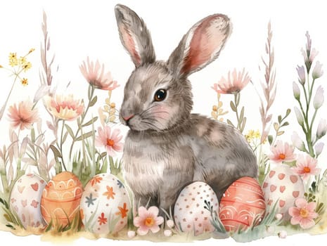 Cute Bunny and Easter Eggs in Floral Meadow Watercolor Illustration. Easter Artistic Decorative Background. Invitation and Greeting Card Template. Ai generated