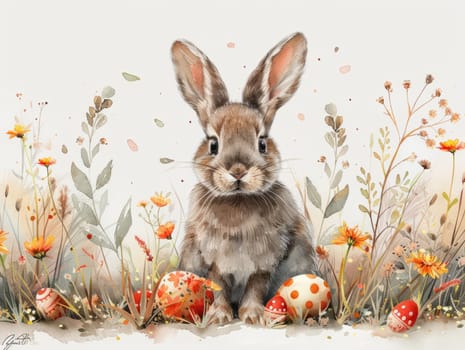 Cute Bunny and Easter Eggs in Floral Meadow Watercolor Illustration. Easter Artistic Decorative Background. Invitation and Greeting Card Template. Ai generated