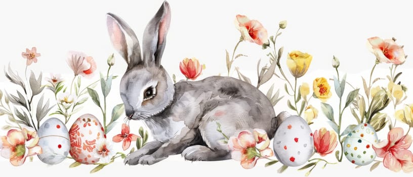 Cute Bunny and Easter Eggs in Floral Meadow Watercolor Illustration. Easter Artistic Decorative Background. Invitation and Greeting Card Template. Ai generated