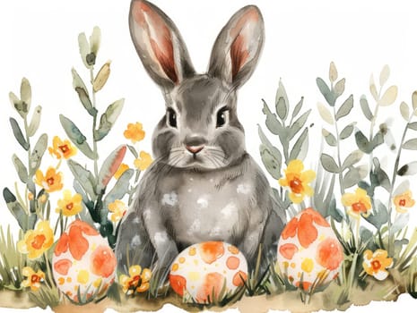 Cute Bunny and Easter Eggs in Floral Meadow Watercolor Illustration. Easter Artistic Decorative Background. Invitation and Greeting Card Template. Ai generated