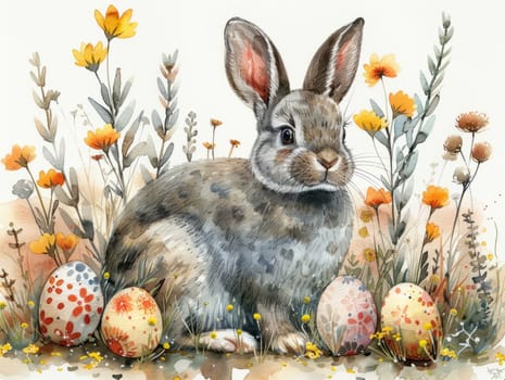 Cute Bunny and Easter Eggs in Floral Meadow Watercolor Illustration. Easter Artistic Decorative Background. Invitation and Greeting Card Template. Ai generated