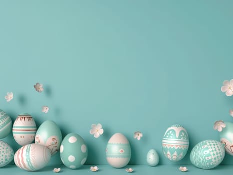 Blue Painted Colorful Easter Eggs on Blue Pastel Background. Happy Easter Background. Ai generated