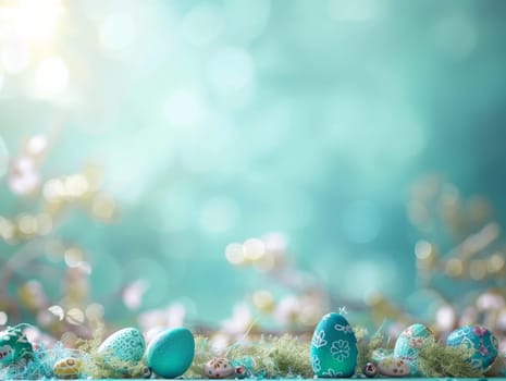 Blue Painted Colorful Easter Eggs on Blue Pastel Background. Happy Easter Background. Ai generated