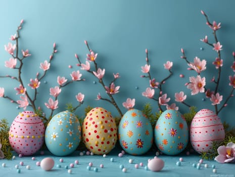 Blue Painted Colorful Easter Eggs on Blue Pastel Background. Happy Easter Background. Ai generated