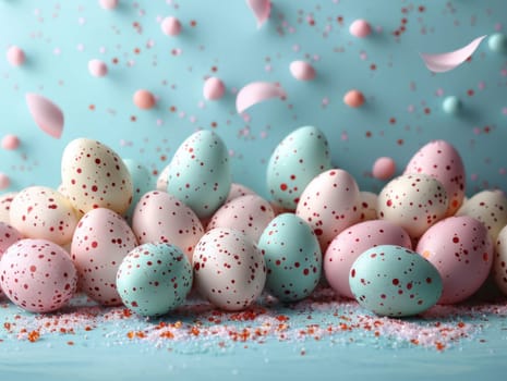 Blue Painted Colorful Easter Eggs on Blue Pastel Background. Happy Easter Background. Ai generated