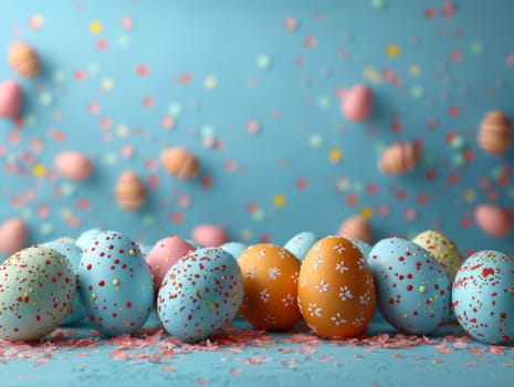 Blue Painted Colorful Easter Eggs on Blue Pastel Background. Happy Easter Background. Ai generated