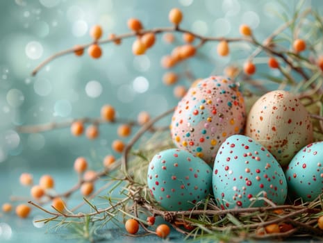 Blue Painted Colorful Easter Eggs on Blue Pastel Background. Happy Easter Background. Ai generated