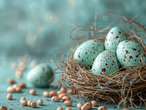 Blue Painted Colorful Easter Eggs on Blue Pastel Background. Happy Easter Background. Ai generated