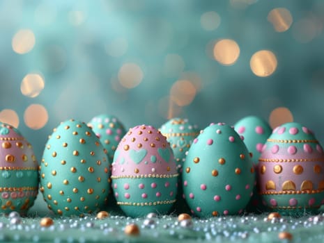 Blue Painted Colorful Easter Eggs on Blue Pastel Background. Happy Easter Background. Ai generated