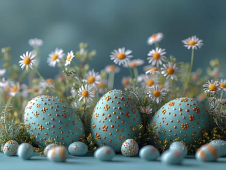 Blue Painted Colorful Easter Eggs on Blue Pastel Background. Happy Easter Background. Ai generated