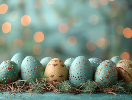 Blue Painted Colorful Easter Eggs on Blue Pastel Background. Happy Easter Background. Ai generated