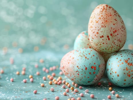 Blue Painted Colorful Easter Eggs on Blue Pastel Background. Happy Easter Background. Ai generated