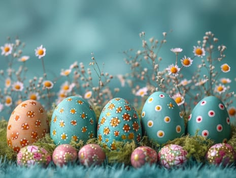 Blue Painted Colorful Easter Eggs on Blue Pastel Background. Happy Easter Background. Ai generated