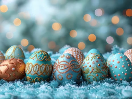 Blue Painted Colorful Easter Eggs on Blue Pastel Background. Happy Easter Background. Ai generated