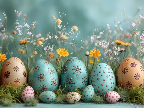 Blue Painted Colorful Easter Eggs on Blue Pastel Background. Happy Easter Background. Ai generated