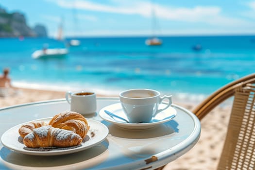 A plate of croissants and a cup of coffee sit on a table by the azure water, with fluffy clouds in the sky. The dishware glistens in the sun, as a boat sails by in the distance