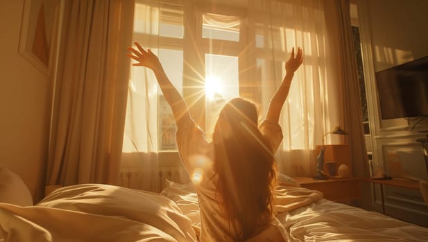 A woman sits on a wooden bed, arms outstretched towards the sun shining through the window and curtains. She enjoys the warmth and comfort of the sunlight