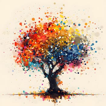 A colorful tree painted on a white canvas, showcasing vibrant leaves in various shades. The artwork represents the beauty of nature captured through art paint