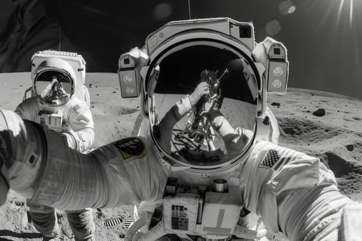 A monochrome snapshot of an astronaut capturing a selfie on the moon with a vehicle tire in view. An engineering feat captured in monochrome photography