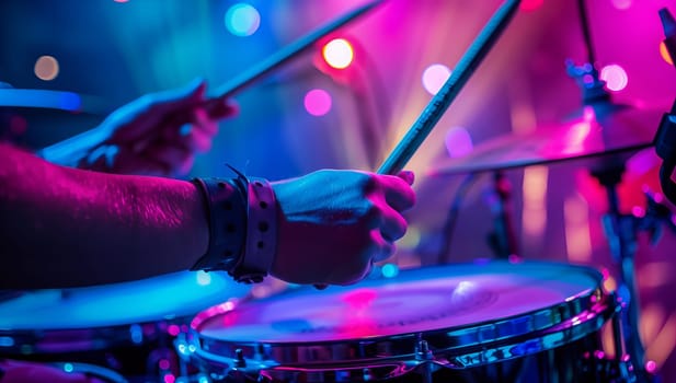 A musician is performing on a membranophone drum on stage with a colorful background at a concert. The drummer is surrounded by purple hues and playing cymbals, showcasing their artistic talent