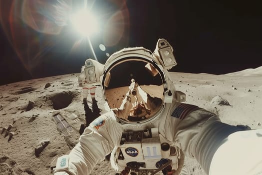 An astronaut is capturing a selfie on the lunar landscape, surrounded by darkness and the vast expanse of space. The circular horizon gives a stunning view of the moons soil