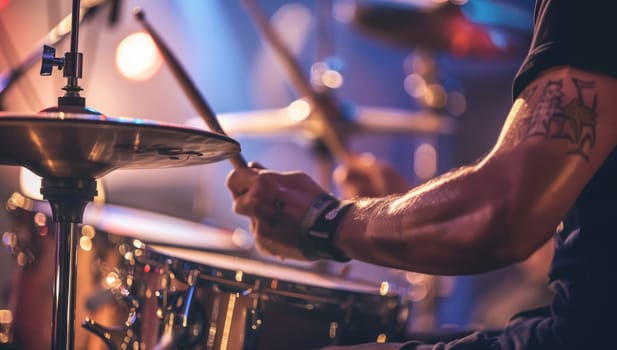 A musician is performing on stage, playing a Membranophone instrument known as drums. The event is filled with music, entertainment, and talented music artists