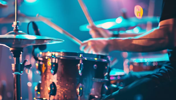 A musician is performing on a membranophone instrument, specifically on a drum set, during a concert on stage in a dimly lit room