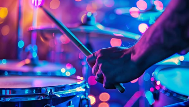 A musician playing drums, a type of membranophone, in a dark room with purple and blue lighting. The artist is immersed in creating music for a concert