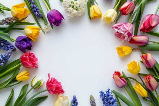 A creative arts display of magenta flowers arranged in a circle on a white background, showcasing the beauty of flowering plants and petal art