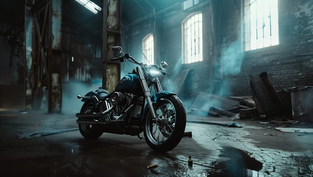 A motorcycle is parked in a dimly lit room with smoke billowing out of the windows, revealing a glimpse of the tire tread and rim