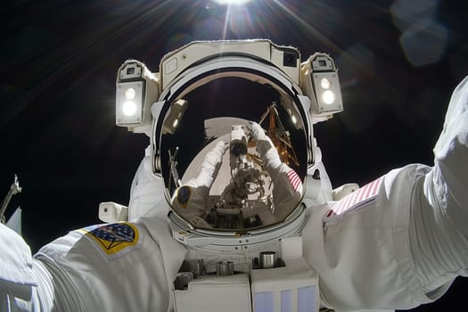 An astronaut wearing a helmet and personal protective equipment in space takes a selfie, capturing a fascinating event blending science with fiction