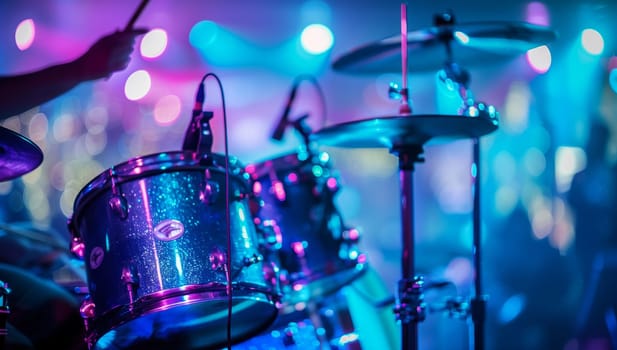 A musician is entertaining the crowd at a concert by playing a purple membranophone and idiophone musical instrument, including drums and cymbals