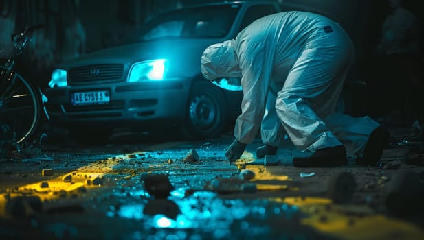 A man in protective gear is kneeling in front of a car examining the tire. The vehicles automotive lighting, hood, and wheel are visible