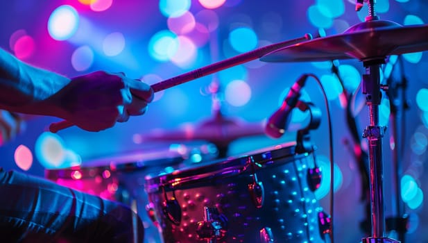 A musician is performing on stage, playing drums in front of a microphone. The stage is lit with purple and blue lights, creating a vibrant atmosphere for the concert