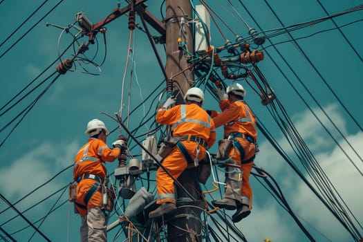 A team of engineers are working on a power pole on a boat in the water. The sky is cloudy as they secure ropes on the watercraft
