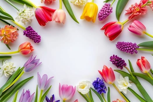 A creative arts piece featuring a variety of pink and magenta flowers arranged in a circle on a white background, showcasing the beauty of flowering plants and petals