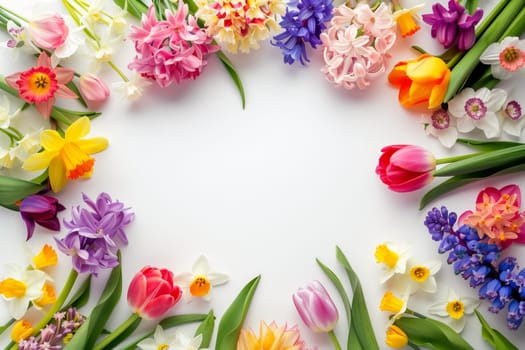 A variety of colorful flowers, including magenta petals, are creatively arranged in a circle on a white background, showcasing the art of botany